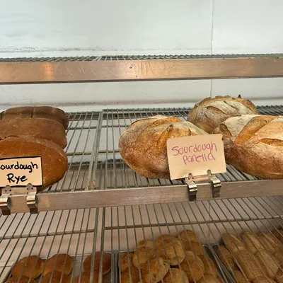 Sourdough loaves on the bakery shelves