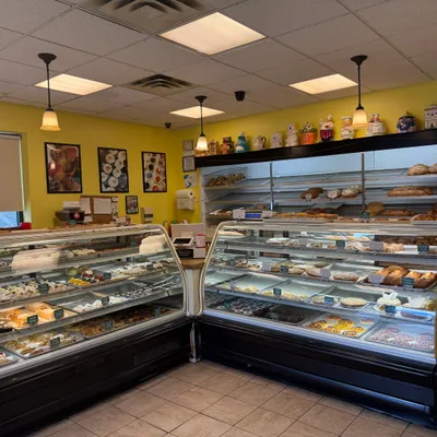 Pastry display cases inside Plaza Pastry Shop